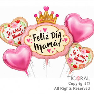 SET DE GLOBOS METALIZADO FELIZ DIA MAMA CORONITA Y CORAZONES 5 UNIDADES